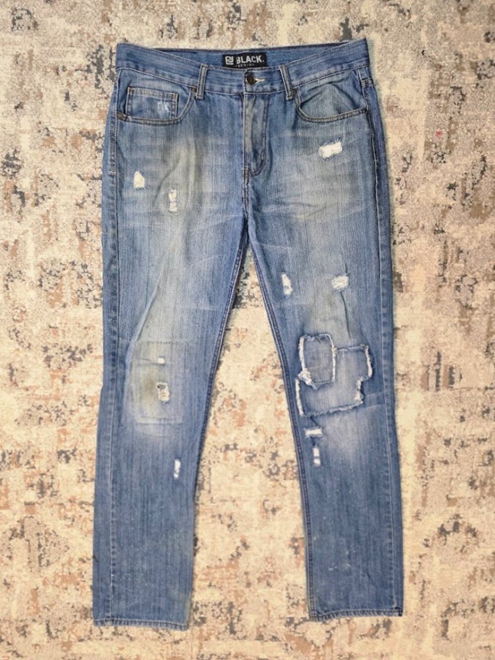 Low Rise Distressed Slim Straight Jeans Mens 34x32 CJ Black